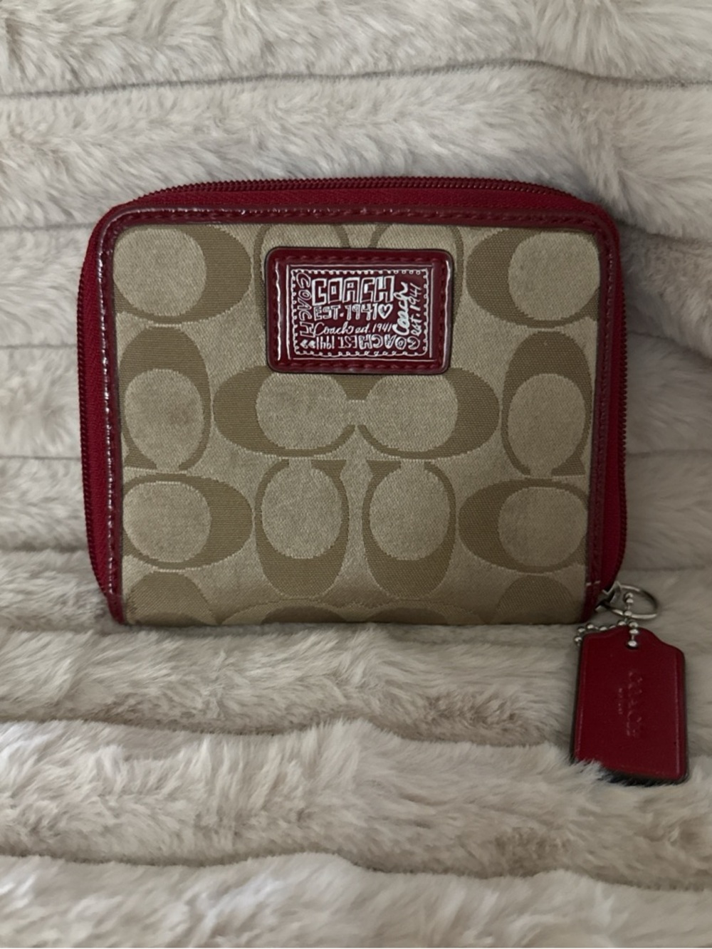 Coach Beige Signature Canvas Zip Wallet with Red Trim
